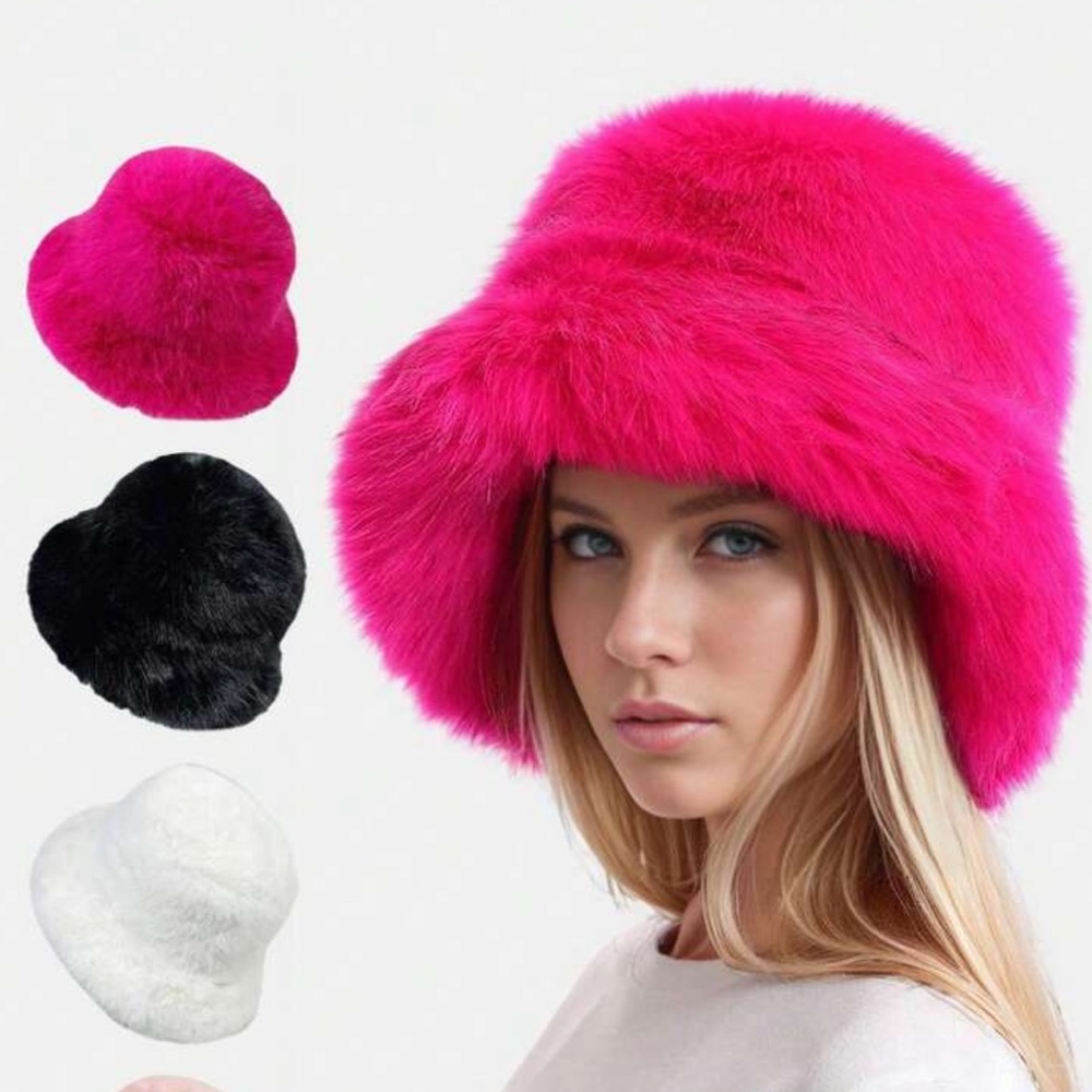 1pc Women's Faux Fur Y2K Style Thick Bucket Hat, Long Plush
